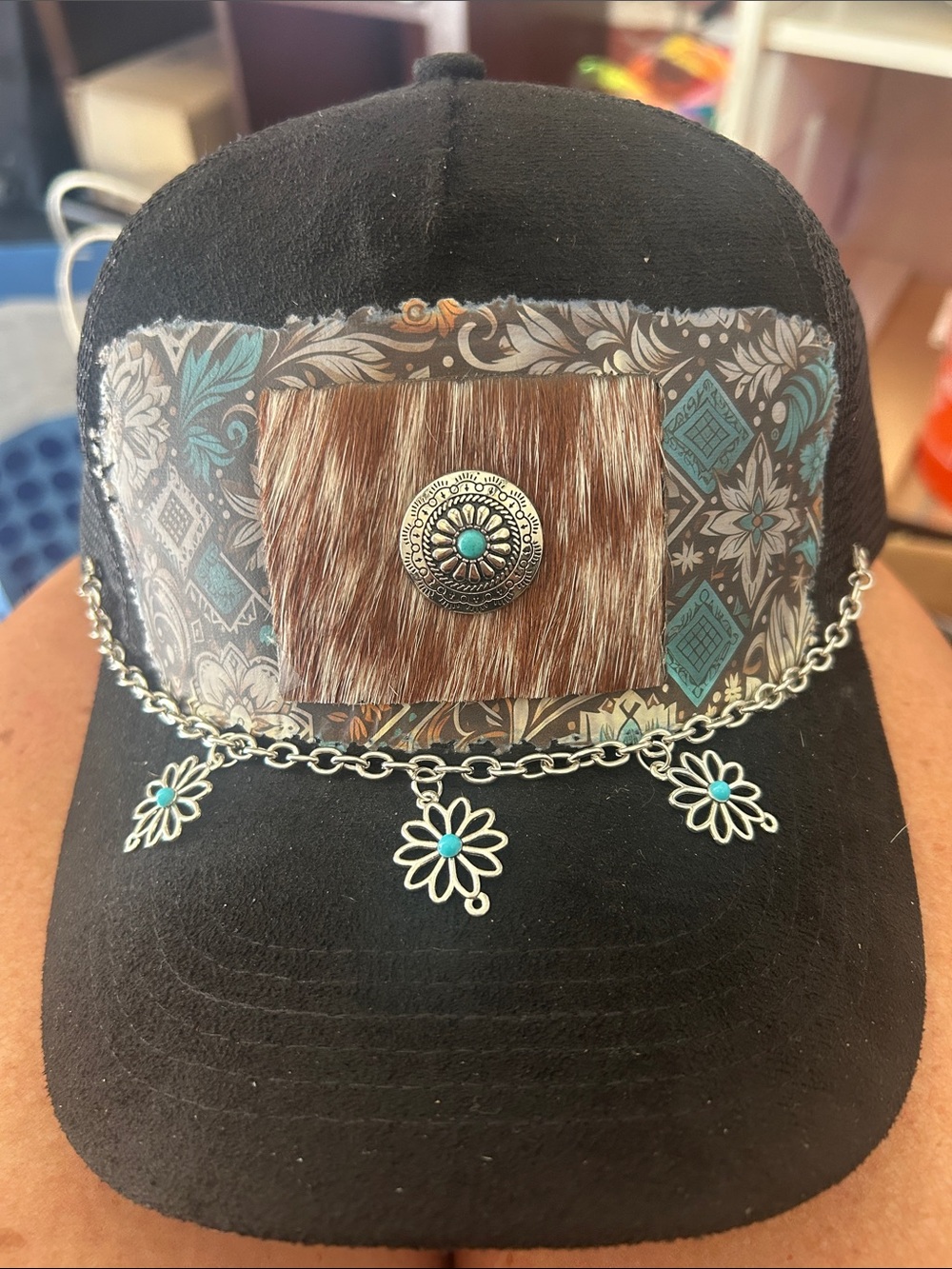 Black Women's Western Floral Patch Cap with Turquoise Accents